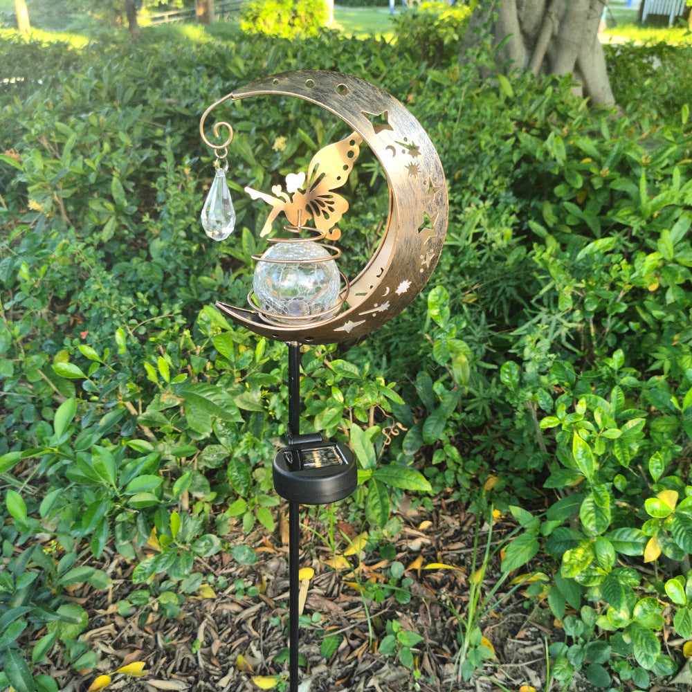 Crescent Moon Solar Gartensteckerlicht mit rotierender Crackle-Glas-Globus und Schmetterlingsakzent Brehn