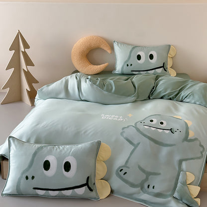 Kinderbettwäsche aus seidenmattem Satin mit illustrativem Panda- und Apfelprint sowie feiner Paspel
