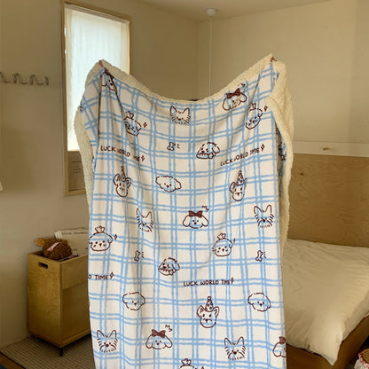 Wendbare Kuscheldecke mit Sherpa-Fleece, niedlichen Hunde-Illustrationen und kariertem Muster