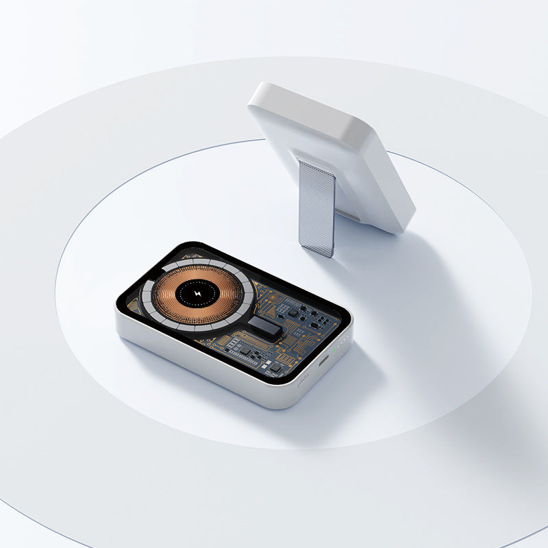 Tragbare Powerbank mit innovativer kabelloser Ladefunktion und integriertem Standfuß Brehn