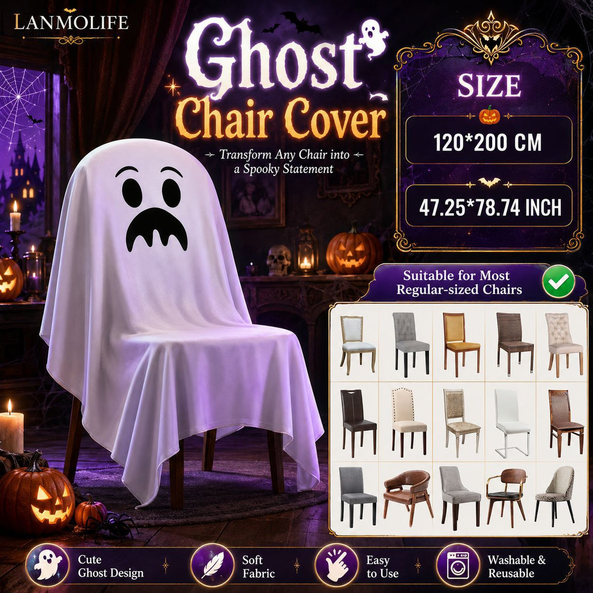 Halloween Stuhlhusse aus Baumwolle mit gespenstischem Gesicht und gezacktem Saum