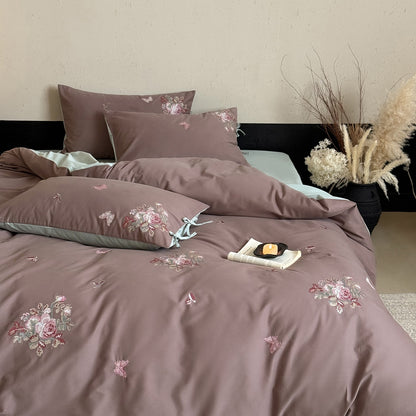 Bestickter Floral-und-Schmetterling Baumwollsatin Kissenbezug mit Bandverschluss