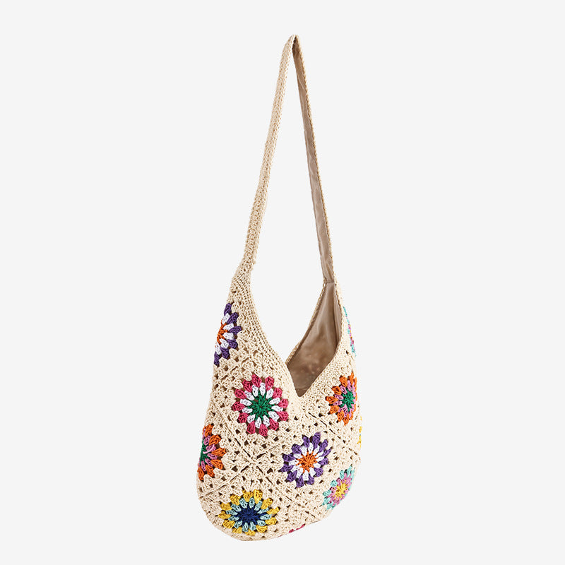 Damen Henkeltasche aus handgeknüpftem Makramee mit bunten Applikationen Brehn