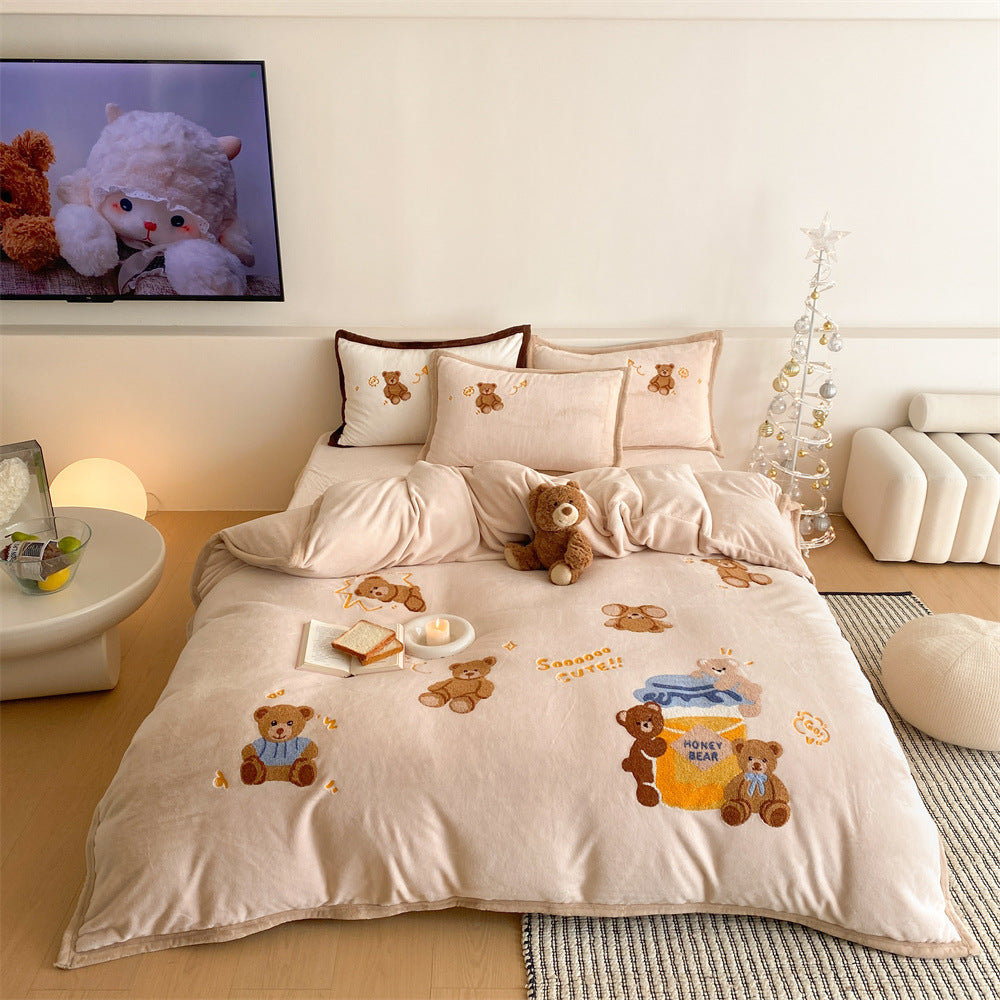 Kuschel-Bettwäscheset mit gestickten Teddybär-Motiven