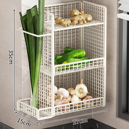 Wandmontierter dreistufiger Mesh-Küchenorganizer mit seitlichem Utensilienfach