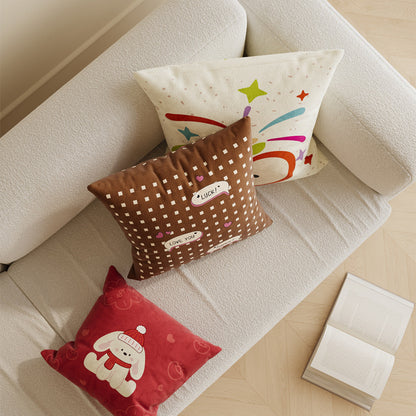 Square Cotton-Linen Throw Pillow Cover with Checkered Grid and Speech-Bubble Heart Graphics