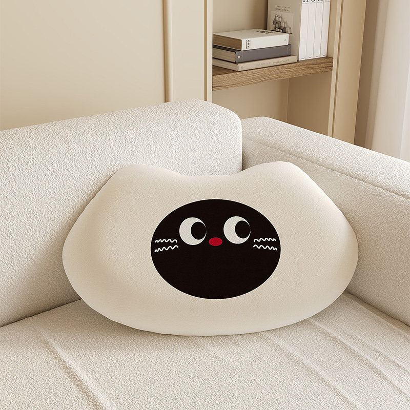 Plush Cloud-Shape Cute Character Lumbar Throw Pillow with Embroidered Face and Soft Faux-Sherpa Cover