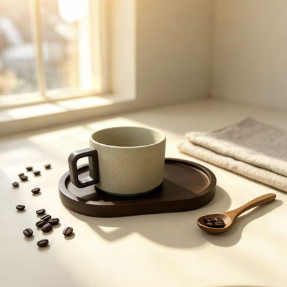 Keramikbecher mit Holzgriff und Untertasse