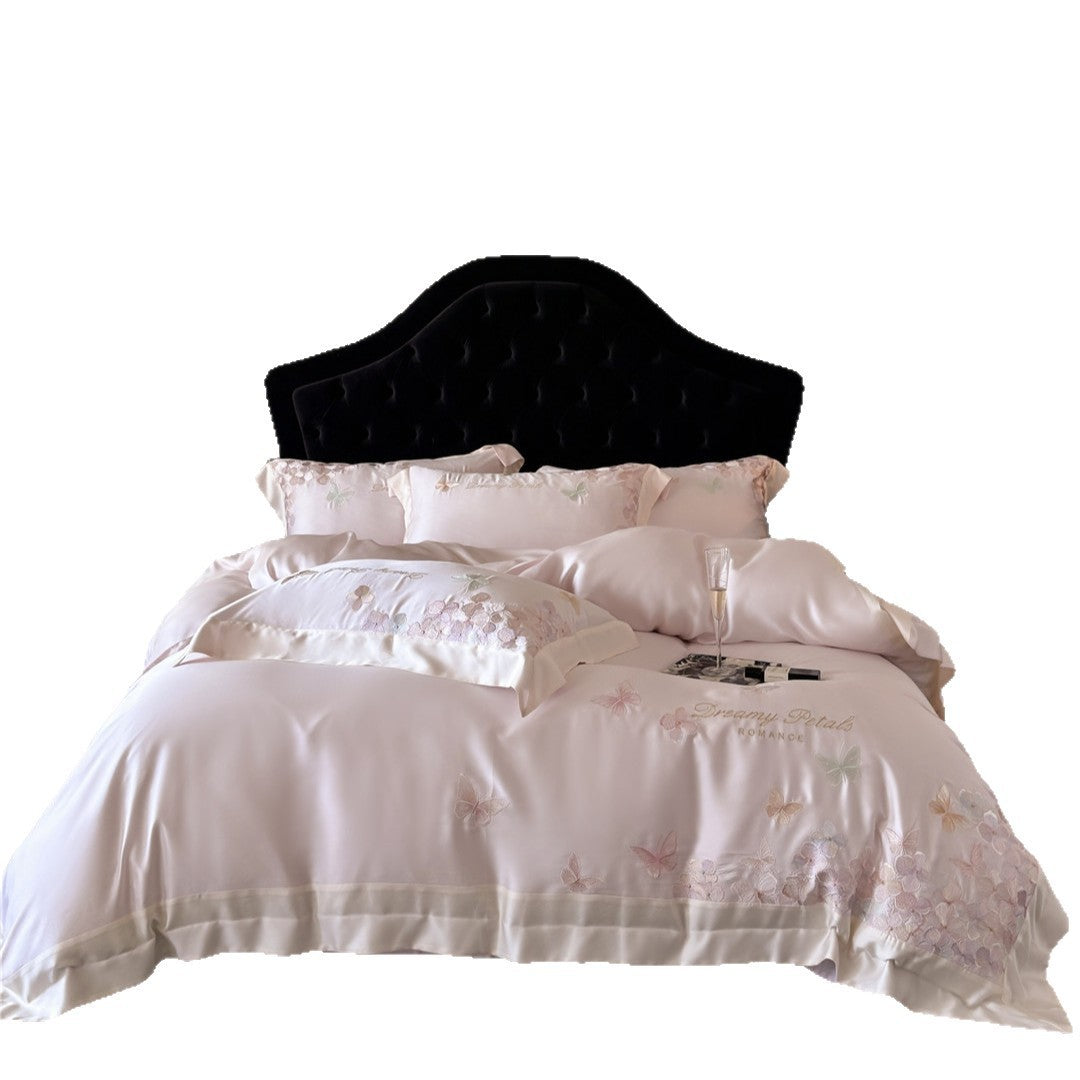 Seidiger Satin bestickter Schmetterling Bettbezug & Kissenbezug Set
