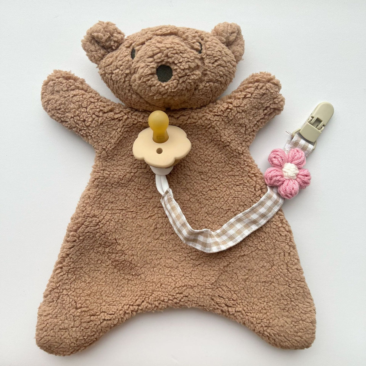 Blumenstrick Schnullerclip mit Gingham-Baumwollriemen