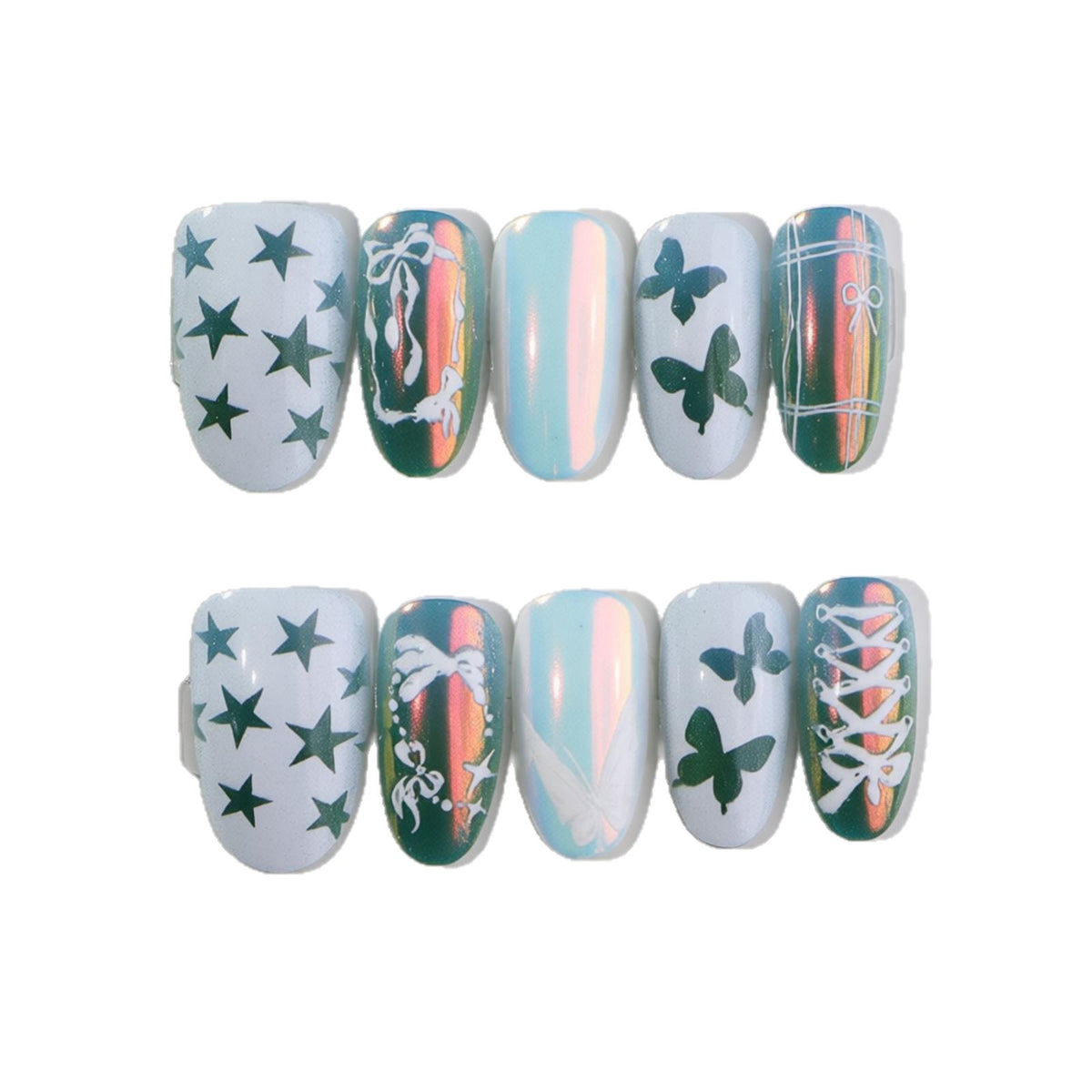 Dekoratives Press-On Nagelkunst-Set mit Schmetterlings- und Sternmustern Brehn
