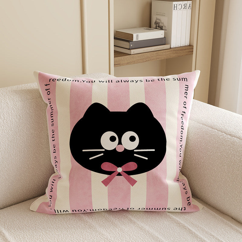 Square Decorative Throw Pillow Cover with Cute Cartoon Cat Illustration and Vertical Pink Stripe Linen-Blend