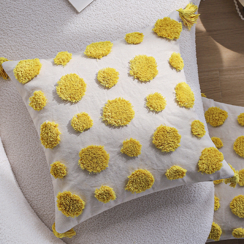 Dekoratives Zierkissen mit bunten Chenille‑Tufts, Baumwoll‑Leinenbezug und Quasten Brehn