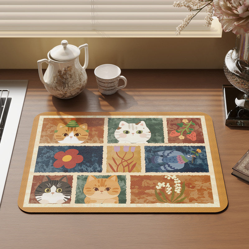 Absorbent Rectangular Kitchen Counter Placemat with Patchwork Cat & Floral Illustration and Non-Slip Backing