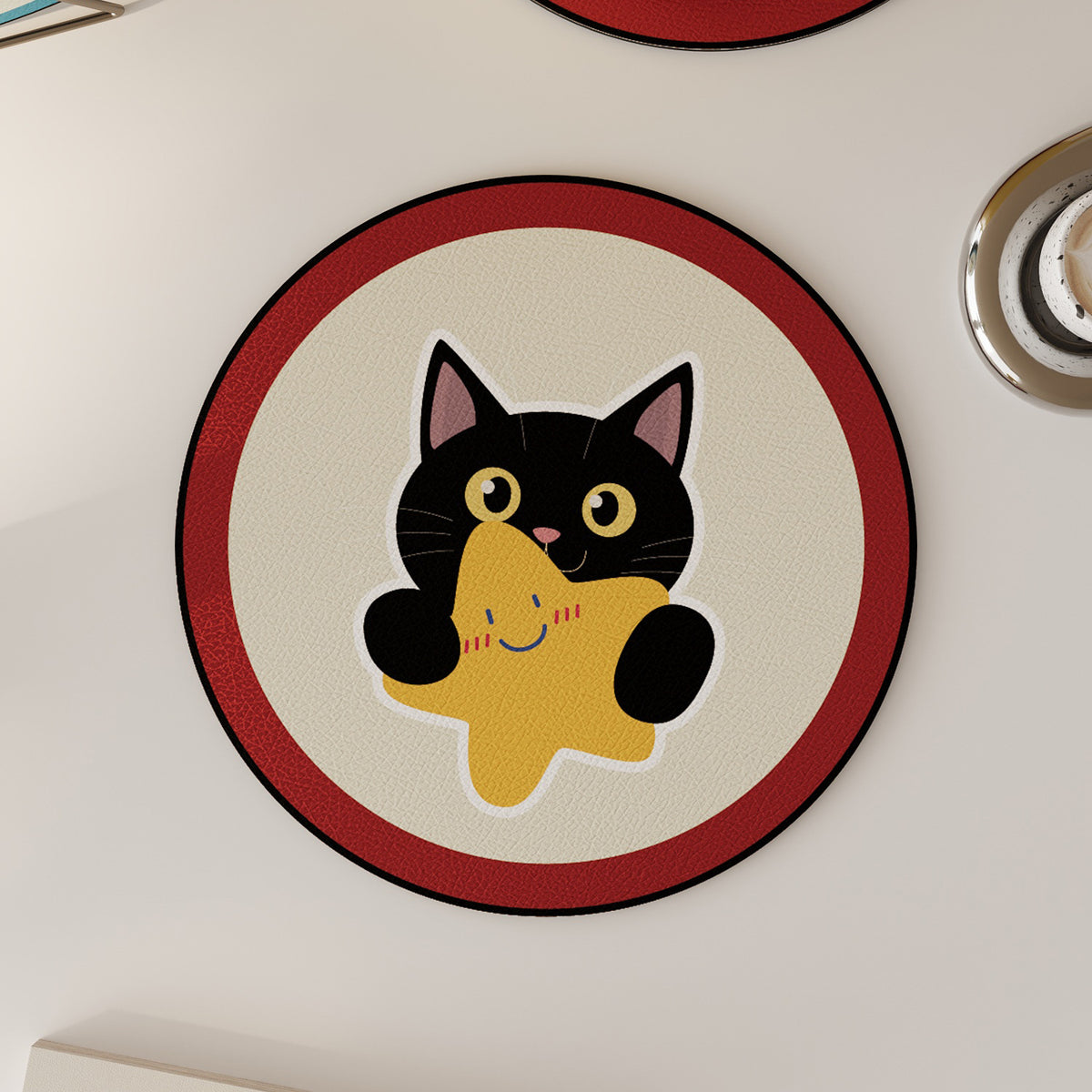 Round Non-Slip PU Leather Drink Coaster with Cute Cat Holding Star Illustration