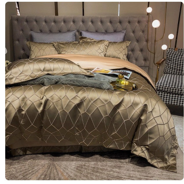 Luxuriöses Satin-Jacquard geometrisches Bettbezug- und Kissenbezug-Bettset