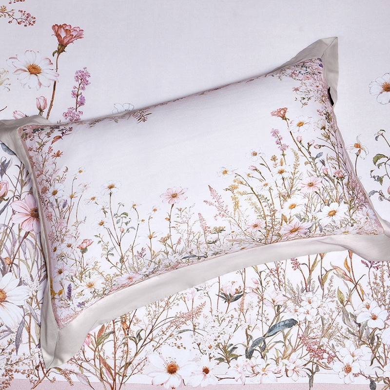 Luxe Satin-Feel Floral Mittel-Panel Bettbezug Set mit Gerolltem Bolster & Euro Kissenbezügen