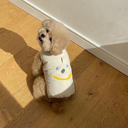 Gepolsterte Puffer-Hundeweste mit besticktem Smiley-Gesicht und Rücken-Harness-Slot