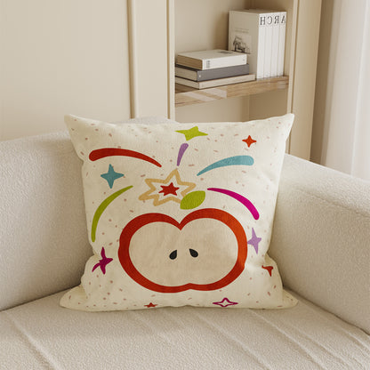 Square Cotton-Linen Throw Pillow Cover with Checkered Grid and Speech-Bubble Heart Graphics
