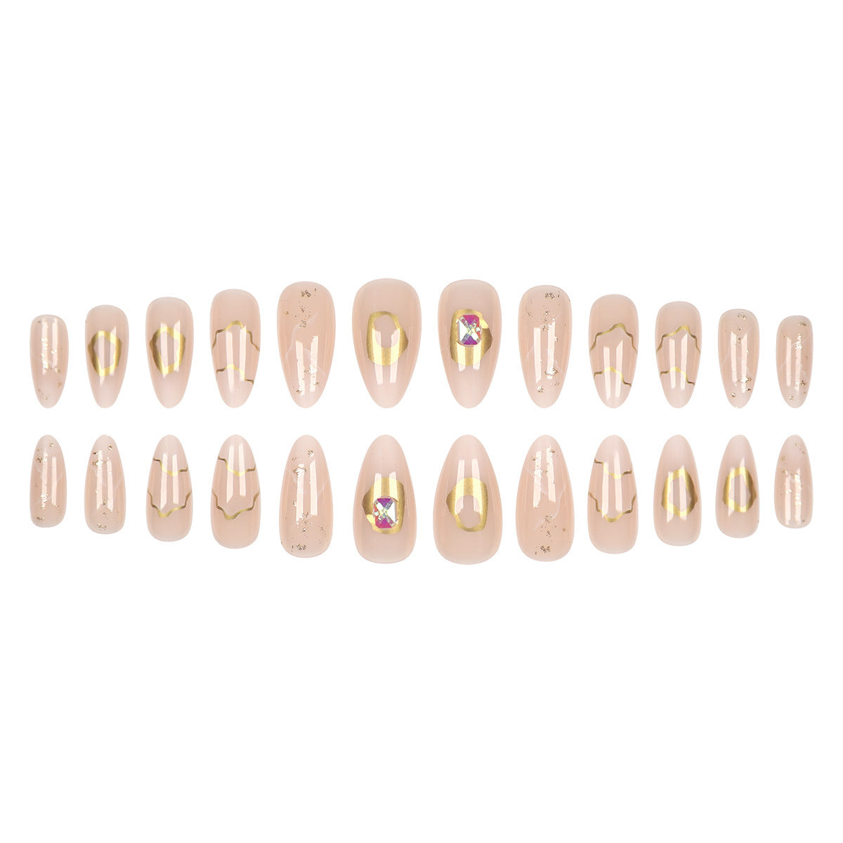 Elegantes Stiletto Druck-Nagelset mit goldenen Akzenten Brehn