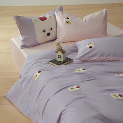 Bestickte Plüschpuppy Baumwollsatin Bettbezug Set