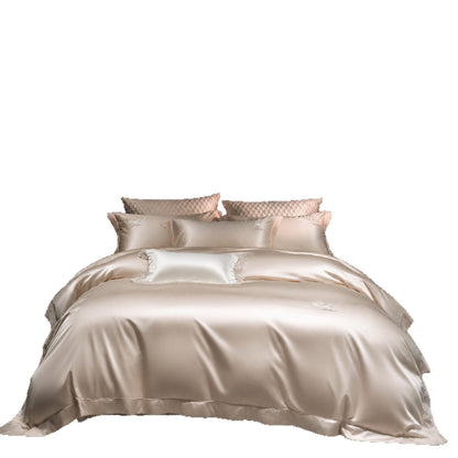 Luxuriöse Satin-Bettwäschegarnitur mit besticktem Schwanenmotiv und Spitzenkissen