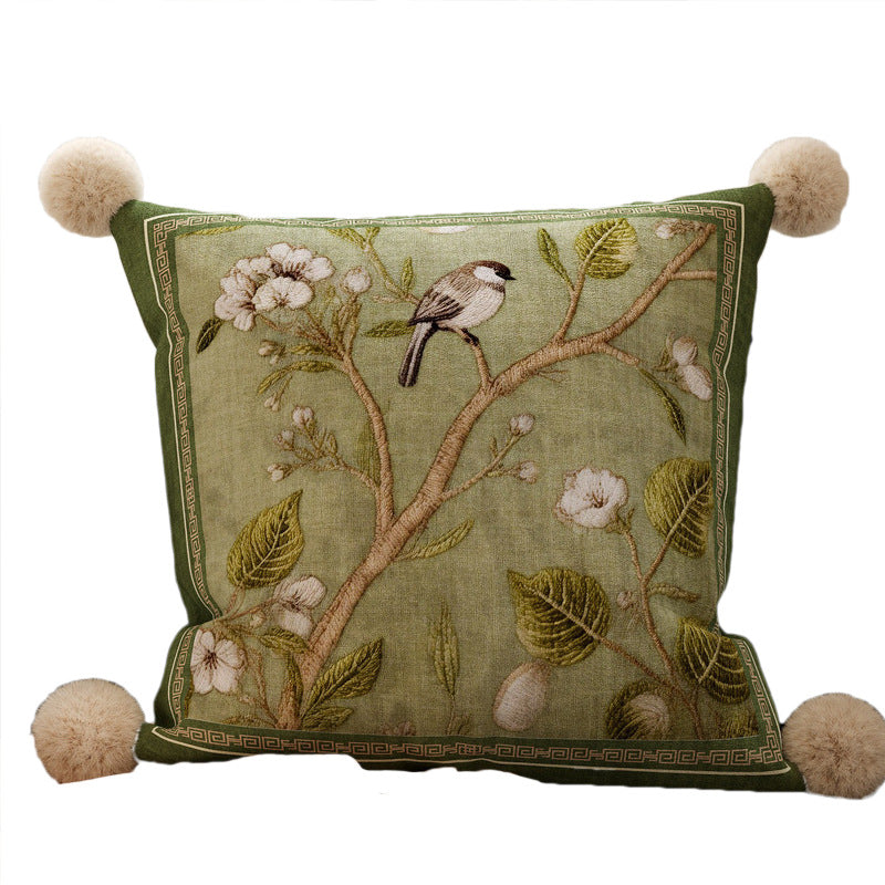 Embroidered Botanical Velvet Throw Pillow with Pom Pom Corners