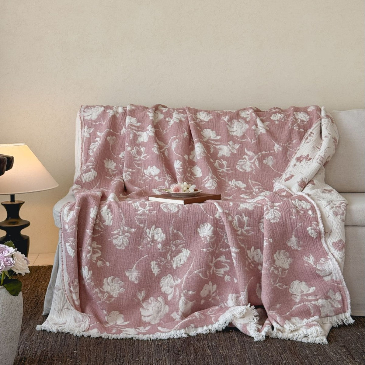 Wendbare leichte Jacquard Baumwoll-Leinen Decke mit Fransen