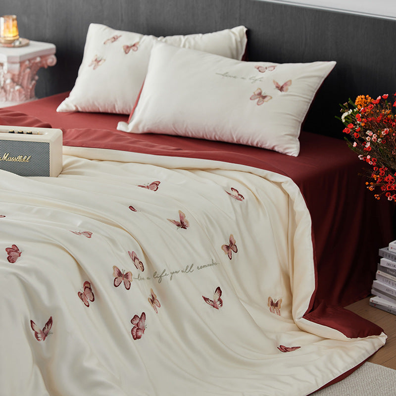 Luxuriöses Baumwollsatin-Bettbezug-Set mit bestickten Schmetterlingsmotiven und wendbarem Design