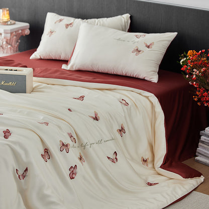Luxuriöses Baumwollsatin-Bettbezug-Set mit bestickten Schmetterlingsmotiven und wendbarem Design