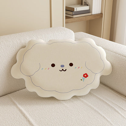 Plush Cloud-Shape Cute Character Lumbar Throw Pillow with Embroidered Face and Soft Faux-Sherpa Cover