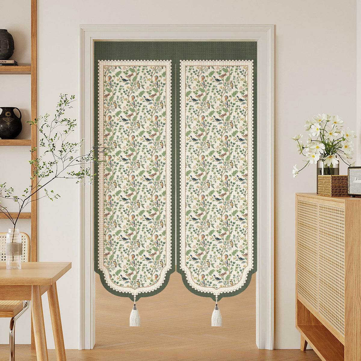Split-Panel Decorative Door Noren Curtain with Tropical Botanical Print and Tassel Trim