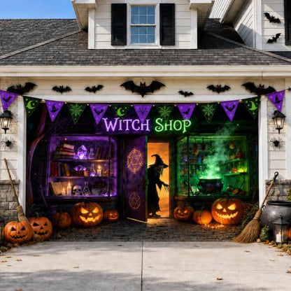 Großformatiger Halloween-Fotohintergrund aus wetterfestem Polyester mit geöstem Befestigungsrand und leuchtendem Haunted-House-Motiv