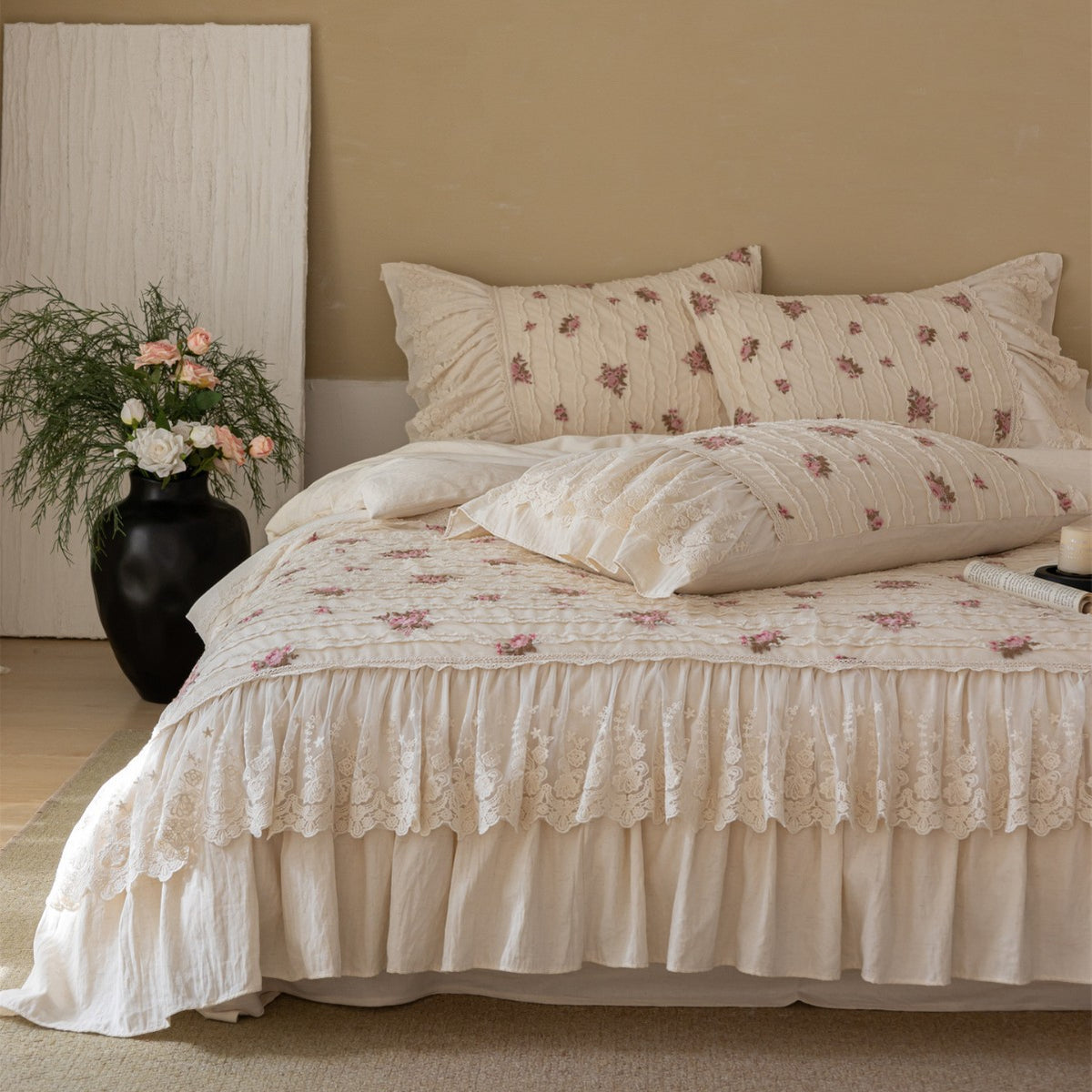 Rüsche Spitzenbesatz Bestickte Rose Baumwolle Bettbezug Set