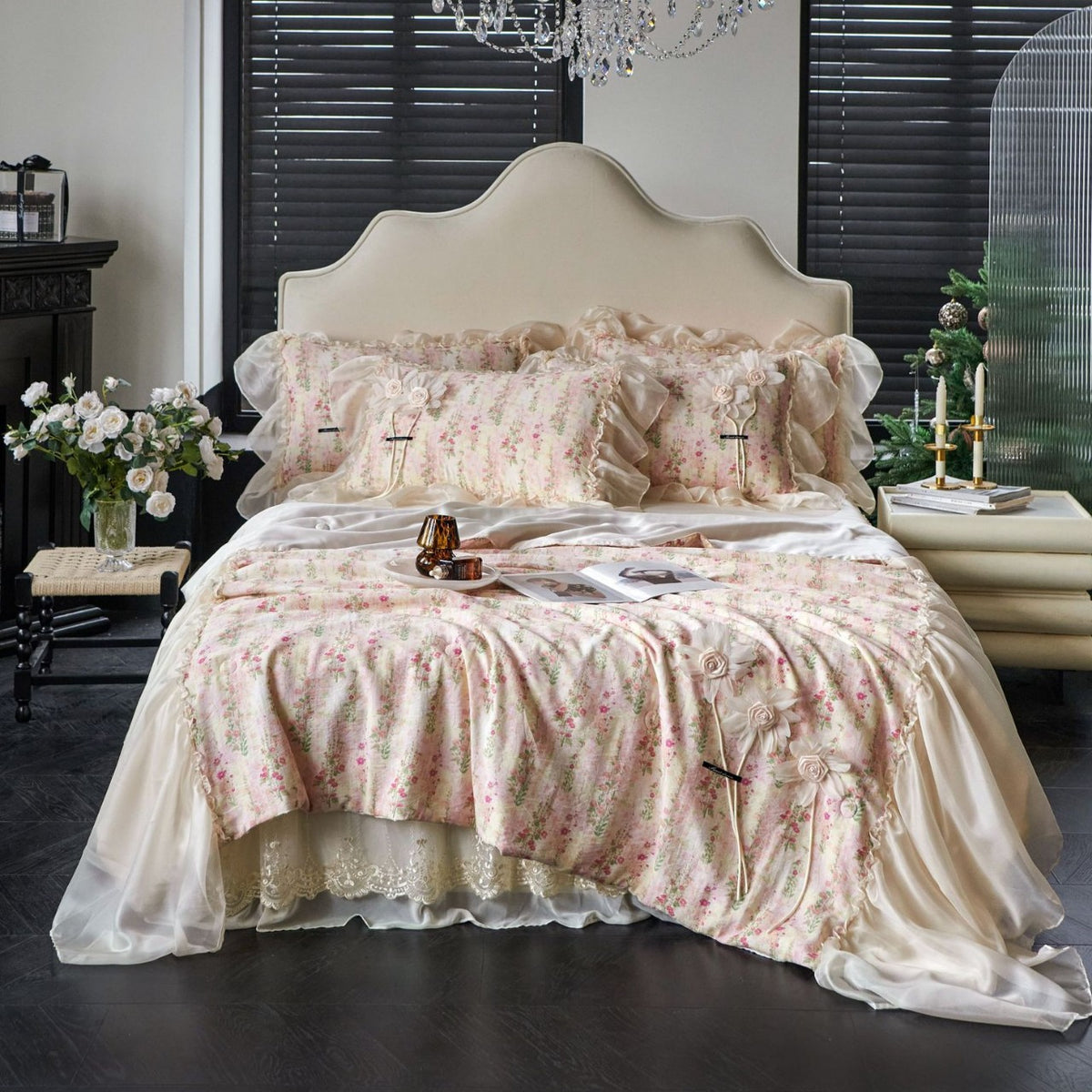 Rüschend Floral Chiffon-Besatz Bettbezug und Kissenbezug Set