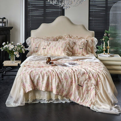 Rüschend Floral Chiffon-Besatz Bettbezug und Kissenbezug Set