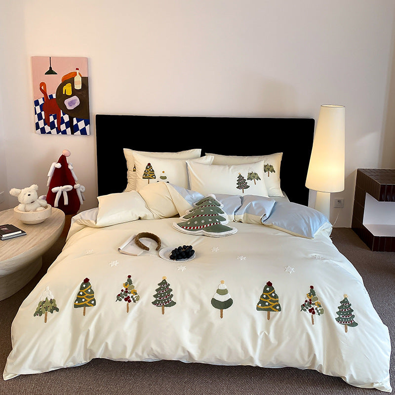 Bestickte Weihnachtsbaum Baumwollsatin Bettbezug Set