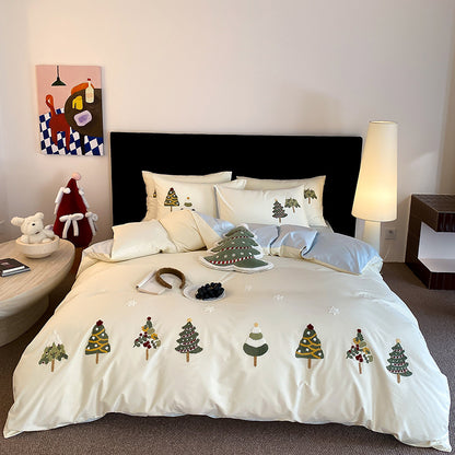 Bestickte Weihnachtsbaum Baumwollsatin Bettbezug Set