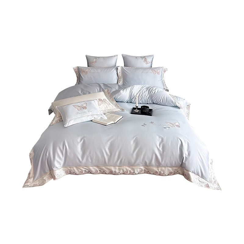 Satin-Gefühl Bestickte Schmetterling Bettbezug Bettwäsche Set