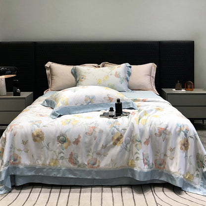Luxuriöses Baumwollsatin-Bettwäsche-Set mit floralem Aquarellprint und feiner Satinkante