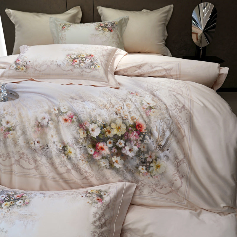 Luxuriöses Floral-Mikrofaser-Satin-Bettbezug-Set mit wendbaren dekorativen Kissenbezügen