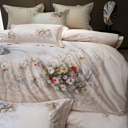Luxuriöses Floral-Mikrofaser-Satin-Bettbezug-Set mit wendbaren dekorativen Kissenbezügen