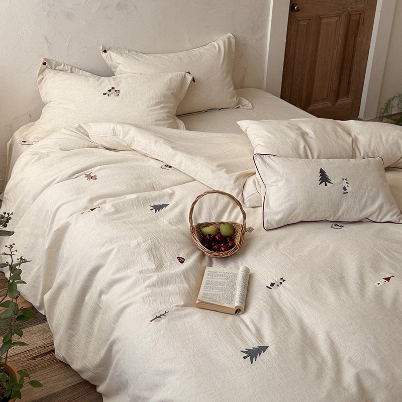 Atmungsaktives Baumwoll-Leinen Bettbezug-Set mit minimalistischer Waldbestickung & Kissenbezügen