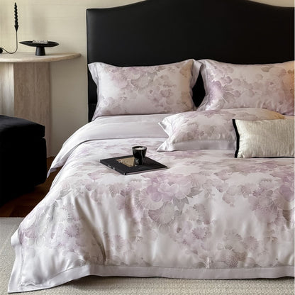 Pastell-Aquarell-Blumen-Satin-Back-Bettbezug-Set mit Paspelabschluss