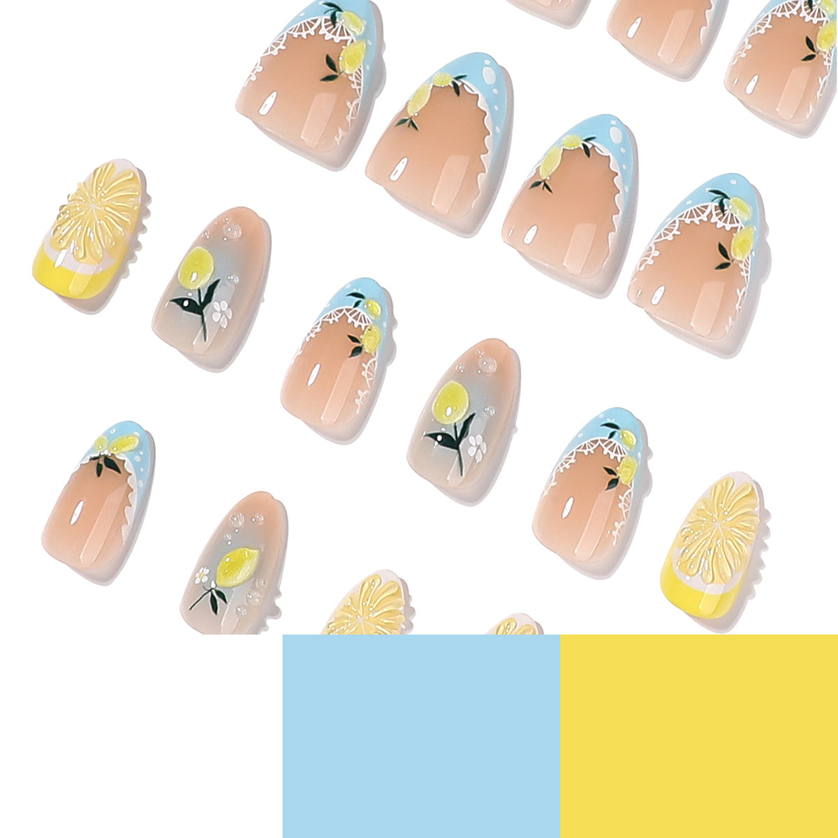 Künstliche Nagelkunst mit Zitronen- und Blütenmotiven Brehn
