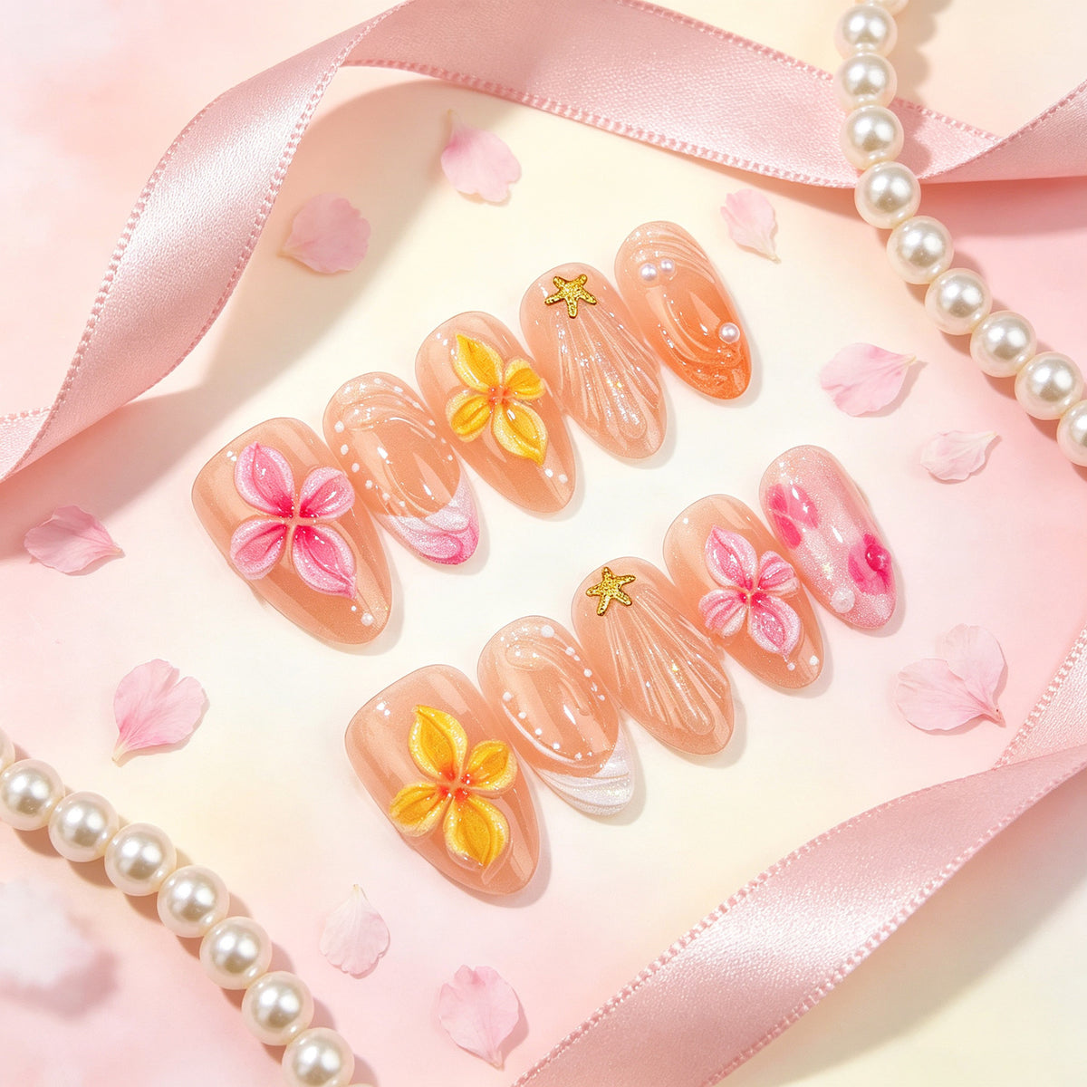 Blumeninspiriertes 3D Press-On Nail Set