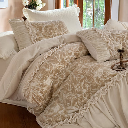 Rüschen Baumwollsatin Bettbezug Set mit floralen Jacquard gesteppte Kissenbezüge und Rüschekante