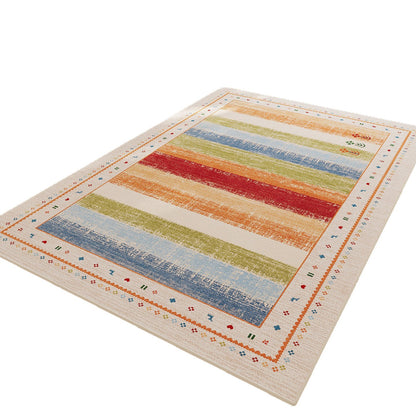 Low-Pile Kids' Playroom Area Rug with Colorful Patchwork Border