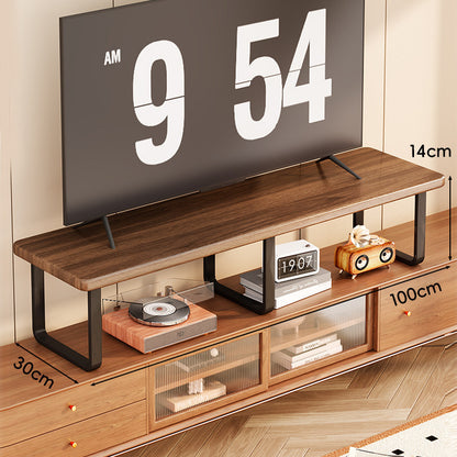 Breite Holz-TV-Ständer mit Metall-U-Beinen und erhöhter Ablage