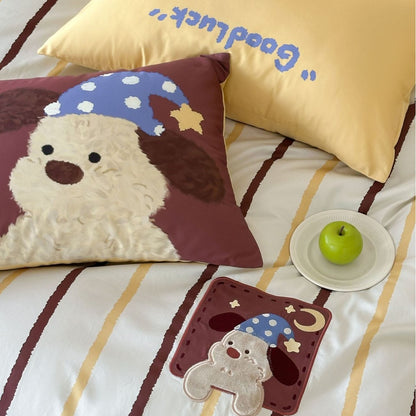 Gestreiftes Baumwollsatin Bettbezug-Set mit gesticktem Teddy-Applikation